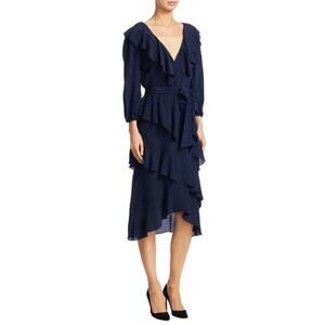 Alice + Olivia Kye V-Neck Ruffle Midi Dress Size 0 Navy #1C421